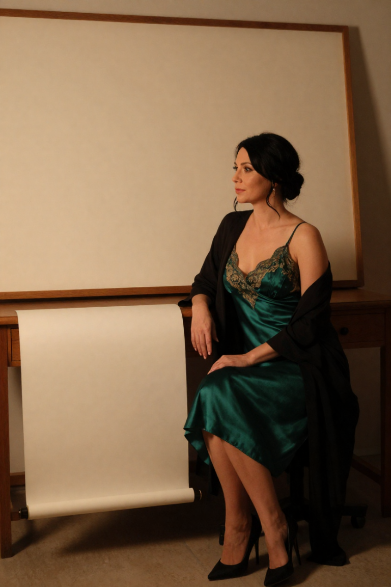Radka, fictional 29-year-old muse in an emerald silk slip dress seated at the map desk with blank vellum at BnbChainMap